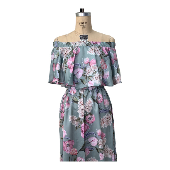 Show me your Mumu Maxi Dress Hawaii Orchid Summer Off Shoulder XS S NWT - Picture 8 of 9